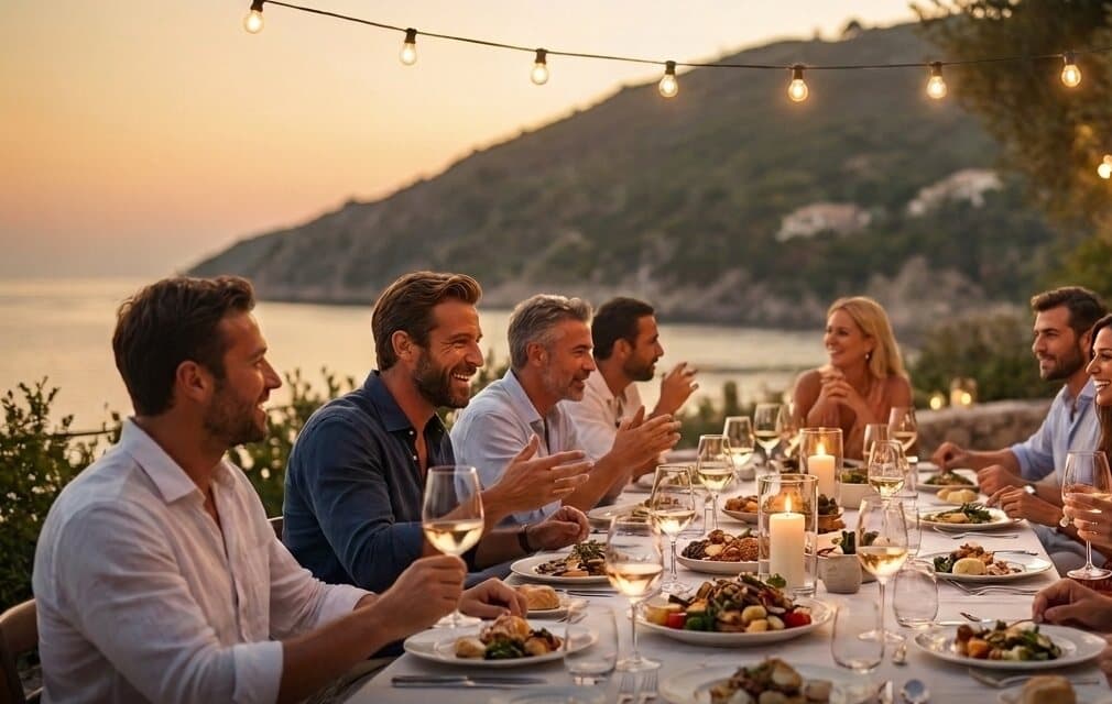 Gün batımında deniz kenarında uzun bir sofrada sohbet eden insanlar